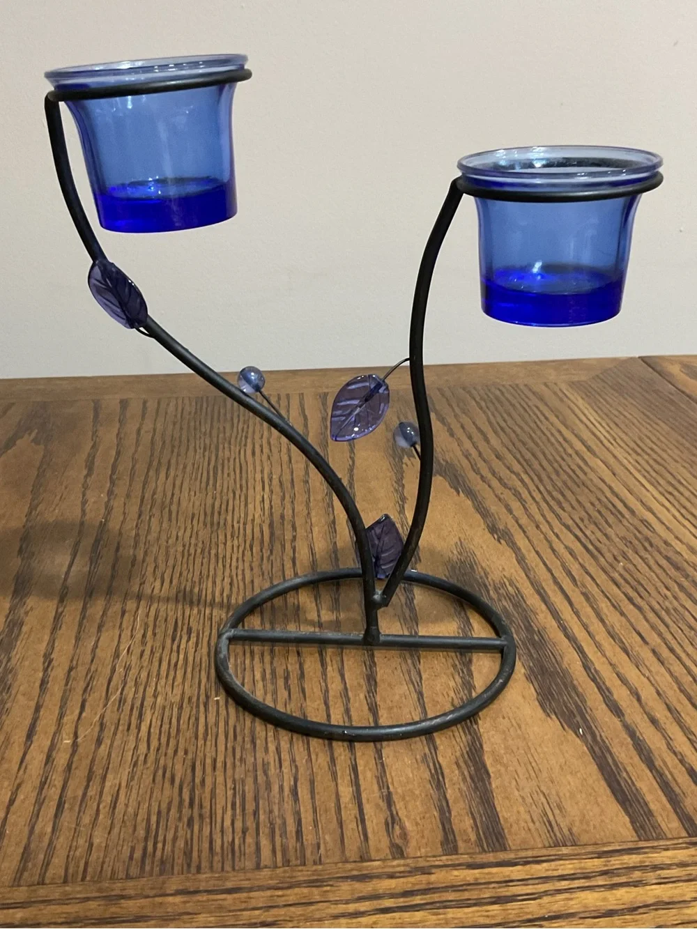 Blue Glass Tealight or Votive Holder with Decorative Metal Stand